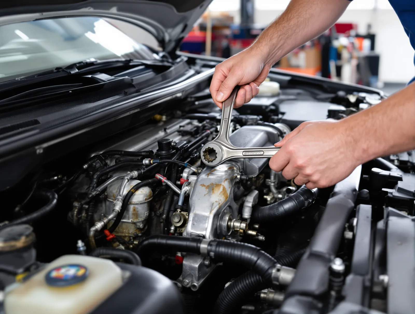 Motor bakımı yapılırken açık kaputun içine bakış